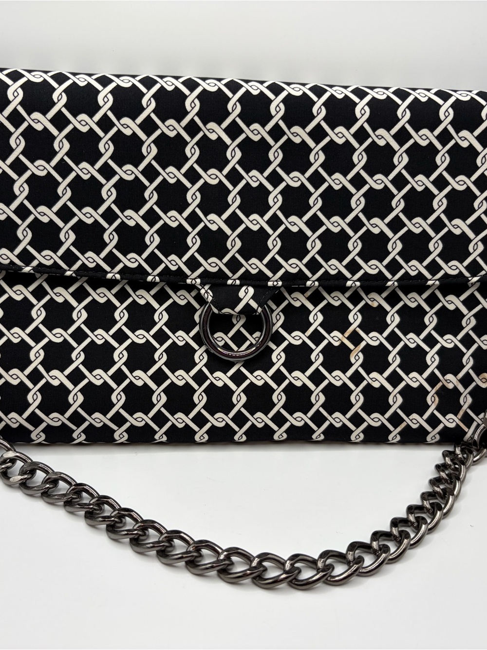 Talbots silk shoulder bag featuring a distinctive black and white chain-link